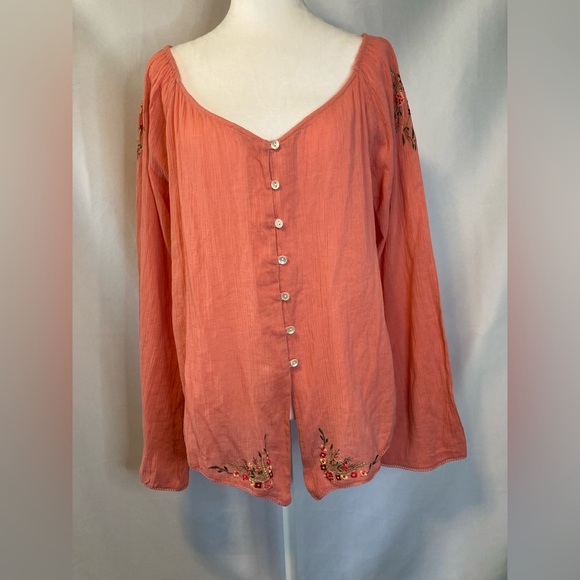 100% Cotton Floral Embroidered Button Up Down Tunic Blouse Lace Giselle Peach L - Picture 1 of 11
